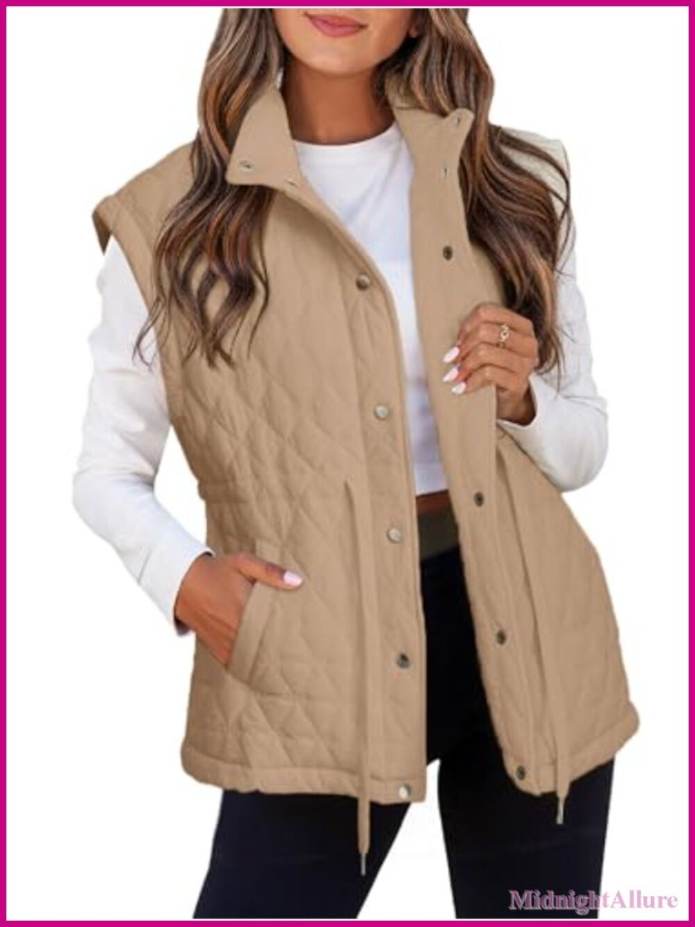 Women's Lightweight Quilted Puffer Vest Sleeveless Snap Button Drawstring Waist